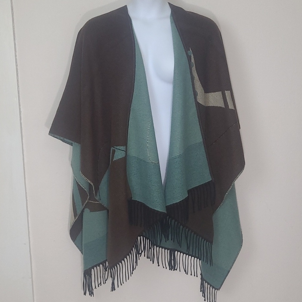 Reversible Ruana Wrap Cape Turquoise & Brown Soft Knit Boho Fringe Shawl XL 1 sz - Picture 7 of 14